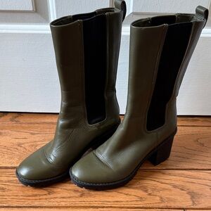 Vince Olive Green Mid-Calf Block Heel Chelsea Boots